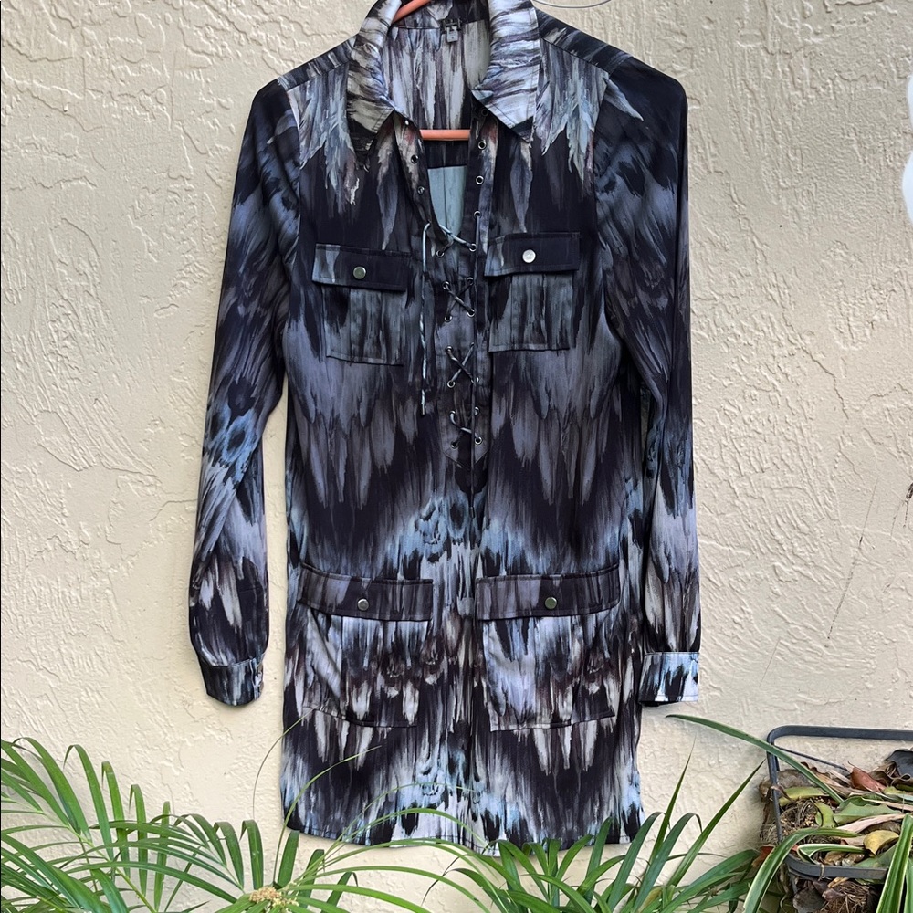 Haute Hippie dress black & Grey feather print lace up neck size 4